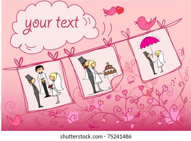 wedding pictures hanging on the background of an abstract floral