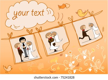 wedding pictures hanging on the background of an abstract floral