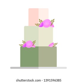 Wedding pie with bows and toppers bride and groom Vector illustration. Wedding cakes with floral decoration isolated on a white background.