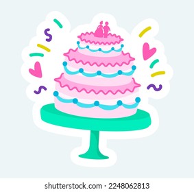 Wedding pink cake with figurines of bride and groom at ceremony. Vector illustration in cartoon sticker design