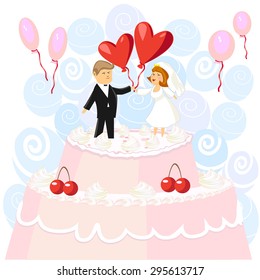 Wedding pink cake with figurines of the bride and groom with hearts and balloons. Vector Illustrator