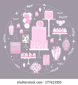 Wedding pink cake  with sweet  table. Cake on Valentine's day.Vector illustration