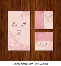 wedding pink cards on a wooden background texture (flowers anhuzy)