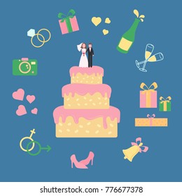 Wedding pink creamed cake with statuette of groom and bride. Icon set including champagne bell shoes hearts rings glasses, gift box and camera. Vector illustration on blue background