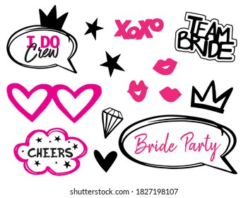 Wedding Pink Photo Booth Props Isolated Vector Illustration On White Background. Bride Team Party Photo Set For T-shirt Print. Bachelorette Party Logo. Speach Bridal Props Collection.