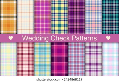 Wedding plaid collection, textile design, checkered fabric pattern for shirt, dress, suit, wrapping paper print, invitation and gift card.