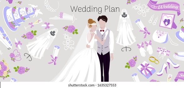 Wedding plan agency with bride and bridegroom, accessories vector cartoon illustration banner. Beautiful bride and wedding car, rings and cake. Bridal and wedding services, fashion, style, beauty.