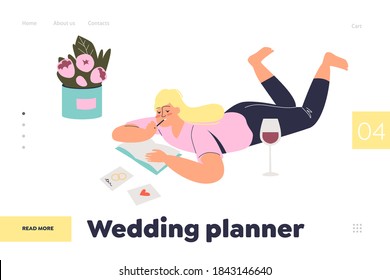 Wedding planner, ceremony management, preparation and organization landing page with cartoon woman planning and preparing for wedding day. Flat vector illusration