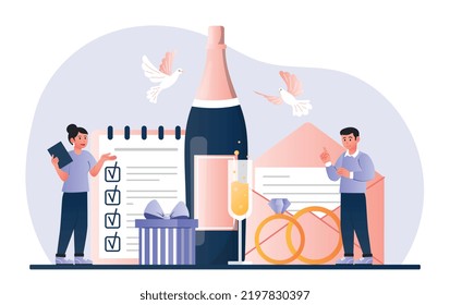 Wedding planner concept. Man and woman next to calendar, champagne and envelope with letter. Bride and groom, love and relationship. Young family and couple. Cartoon flat vector illustration