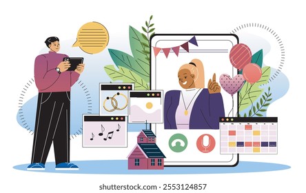 Concepto de planificador de bodas. Hombre y mujer planeando matrimonio y ceremonia de boda. Preparación para fiesta, evento y celebración. Ilustración vectorial plana aislada sobre fondo blanco