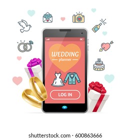Wedding Planner Concept Mobile Phone App Elements Design Web for Business. Vector illustration