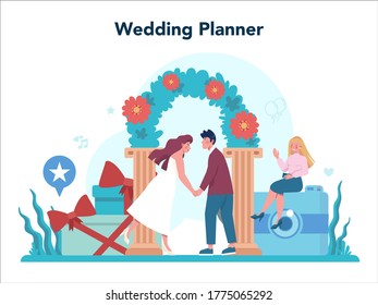 Wedding planner concept. Professional organizer planning wedding event. Catering and entertainment organization. Bride and fiance mariage planner. Isolated vector illustration