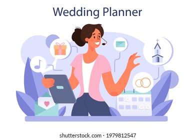 Wedding Planner Concept. Professional Organizer Planning Wedding Event. Bride And Fiance Mariage Coordination. Flat Vector Illustration