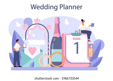 Wedding planner concept. Professional organizer planning wedding event. Bride and fiance mariage coordination. Flat vector illustration