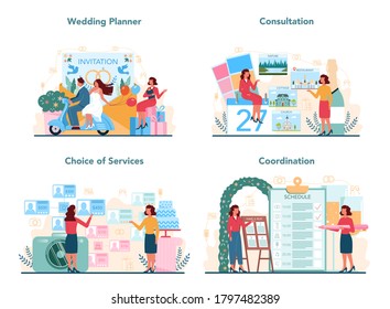 Wedding planner concept set. Professional organizer planning wedding event. Consultation and service organization. Bride and fiance mariage coordination. Isolated vector illustration