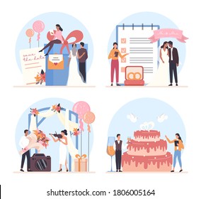 Wedding planner concept set. Professional organizer planning wedding event. Catering and entertainment organization. Bride and fiance mariage planner. Isolated vector illustration