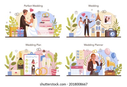 Konzept für Hochzeitsplaner. Professioneller Veranstalter plant Hochzeit. Hochzeitskoordination, Hochzeitsplan und Hochzeitskoordination. Flache Vektorgrafik