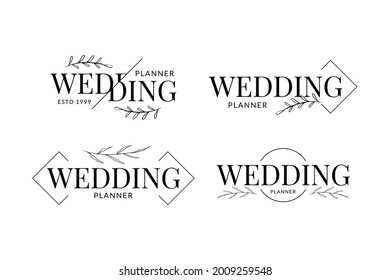 Hochzeitsplaner mit handgezeichneter Blumendekoration minimalistischer Logo-Design, Vektorgrafik