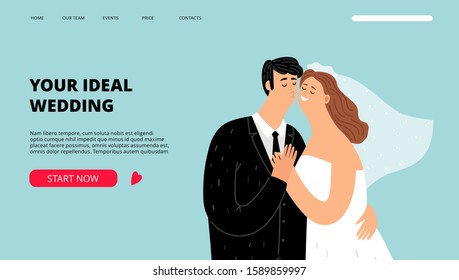 Wedding planner landing page. Just married characters banner. Organization of celebrations and holidays web template