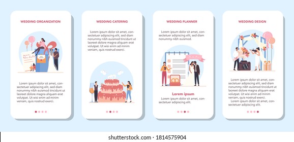 Wedding planner mobile application banner set. Professional organizer planning wedding event. Catering and entertainment organization. Bride and fiance mariage planner. Isolated vector illustration