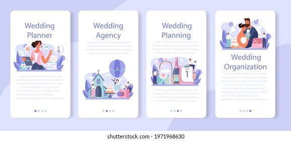 Wedding planner mobile application banner set. Professional organizer planning wedding event. Bride and fiance mariage coordination. Flat vector illustration