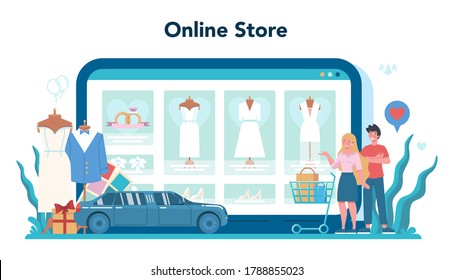 Wedding planner online service or platform. Professional organizer planning wedding event. Online wedding dress and suit store. Isolated vector illustration