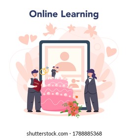 Wedding planner online service or platform. Professional organizer planning wedding event. Online learning. Isolated vector illustration
