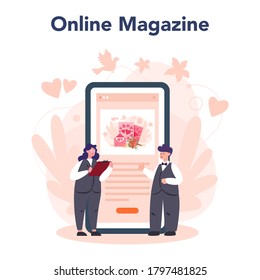 Wedding planner online service or platform. Professional organizer planning wedding event. Online magazine. Isolated vector illustration