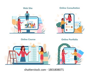 Wedding planner online service or platform set. Professional organizer planning wedding event. Online consultation, course, portfolio, website. Isolated vector illustration