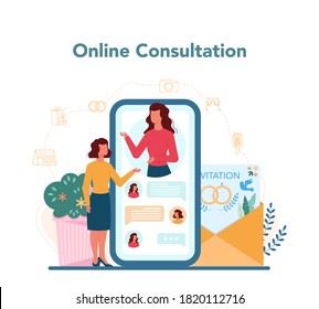 Wedding planner online service or platform. Professional organizer planning wedding event. Online consultation. Isolated vector illustration