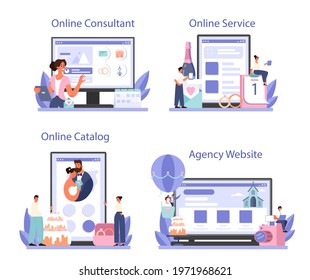 Wedding Planner Online Service Or Platform Set. Professional Organizer Planning Wedding Event. Bride And Fiance Mariage Coordination. Online Consultant, Catalog, Website. Flat Vector Illustration