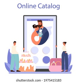 Wedding planner online service or platform. Professional organizer planning wedding event. Bride and fiance mariage coordination. Online catalog. Flat vector illustration