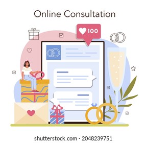 Wedding Planner Online Service Or Platform. Organizer Planning Wedding Event. Bride And Fiance Mariage Coordination. Online Consultation. Flat Vector Illustration