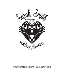 Wedding planner Premade Logo. Black and white colors. Isolated background. Hand-drawn Stamp silhouette. Lovely birds. Love heart symbol. Wedding salon. Vector illustrations
