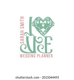 Wedding planner Premade Logo. Black and white colors. Isolated background. Hand-drawn Stamp silhouette. Lovely birds. Love heart symbol. Wedding salon. Vector illustrations