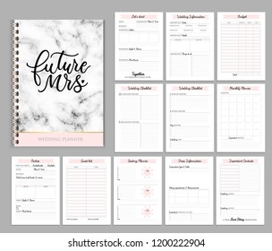 Wedding planner printable design with marble print, checklists, important date, notes etc. Vector illustration