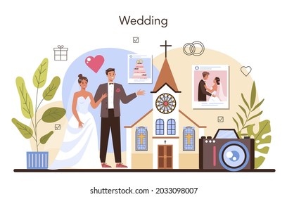 Wedding planner. Professional organizer planning wedding event. Bride and fiance mariage coordination, wedding plan. Flat vector illustration