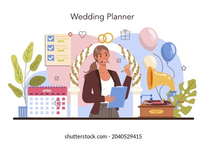 Wedding Planner. Professional Organizer Planning Wedding Event. Bride And Fiance Mariage Coordination, Wedding Plan. Flat Vector Illustration