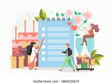 Wedding planner services concept flat vector illustration. Giant cake, gift boxes, wineglasses and tiny characters making wedding planning checklist.