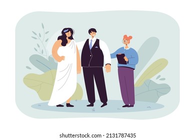 Wedding planner standing next to bride and groom. Man in suit and woman in dress getting married flat vector illustration. Family, marriage concept for banner, website design or landing web page