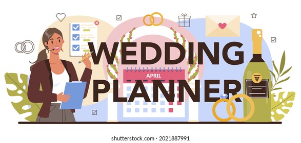 Wedding planner typographic header. Professional organizer planning wedding event. Bride and fiance mariage coordination, wedding plan. Flat vector illustration