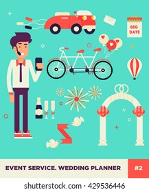 Wedding planner vector flat kit. Great idea for wedding and marriage illustration with manager as a a key character. Set of icons. Good colors. Very easy to edit, text could be removed.