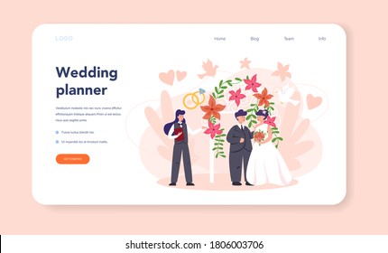 Wedding planner web banner or landing page. Professional organizer planning wedding event. Catering and entertainment organization. Bride and fiance mariage planner. Isolated vector illustration