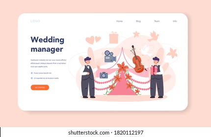 Wedding planner web banner or landing page. Professional organizer planning wedding event. Catering and entertainment organization. Bride and fiance mariage planner. Isolated vector illustration