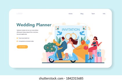 Wedding planner web banner or landing page. Professional organizer planning wedding event. Consultation and service organization. Bride and fiance mariage coordination. Vector illustration