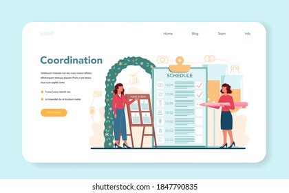 Wedding planner web banner or landing page. Professional organizer planning wedding event. Consultation and service organization. Bride and fiance mariage coordination. Vector illustration