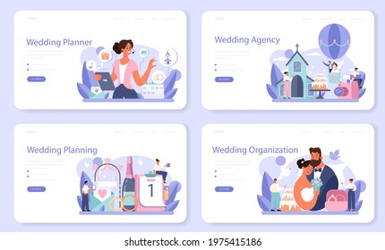 Wedding planner web banner or landing page set. Professional organizer planning wedding event. Bride and fiance mariage coordination. Flat vector illustration