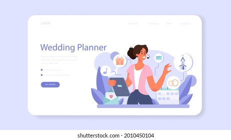 Wedding Planner Web Banner Or Landing Page. Professional Organizer Planning Wedding Event. Bride And Fiance Mariage Coordination. Flat Vector Illustration