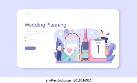 Wedding planner web banner or landing page. Professional organizer planning wedding event. Bride and fiance mariage coordination. Flat vector illustration