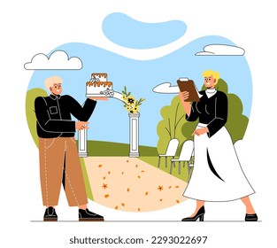 Planificadores de bodas preparándose. Hombre con pastel y mujer con lista. Servicio de organización de eventos y vacaciones. Equipo de gerentes verifica las compras para la ceremonia. Dibujo vectorial plano de dibujos animados
